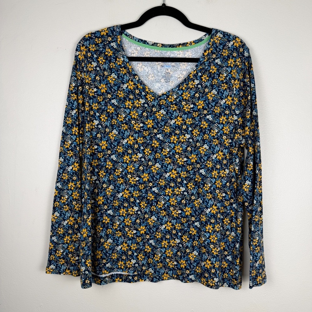 Croft & Barrow T-Shirt Womens XL Blue Yellow Floral Print V-Neck Classic Tee